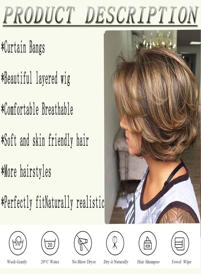 Aisaide Short Honey Blonde Pixie Cut Wig with Highlight Ombre Dark Brown Layered Bob Wigs for Women,Shaggy Layered Wig Ombre Highlight Brown Mixed Honey Blonde Curtain Bangs Curly Wig - Image 2